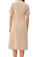 Sukienka midi z zakładkami dół fason A krótki rękaw dekolt łęzka beżowa S361