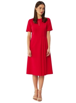 Sukienka midi z zakładkami dół fason A krótki rękaw dekolt łęzka czerwona S361