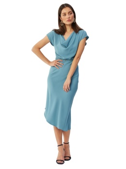 Sukienka ołówkowa ze skosu midi asymetryczna dekolt woda pasek niebieska S362