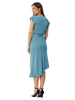 Sukienka ołówkowa ze skosu midi asymetryczna dekolt woda pasek niebieska S362