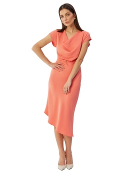 Sukienka ołówkowa ze skosu midi asymetryczna dekolt woda pasek pomarańczowy S362