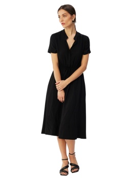 Sukienka midi z wiskozy rozkloszowana krótki rękaw stójka pasek czarna S366