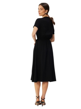 Sukienka midi z wiskozy rozkloszowana krótki rękaw stójka pasek czarna S366