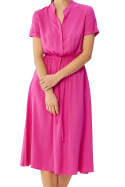 Sukienka midi z wiskozy rozkloszowana krótki rękaw stójka pasek liliowa S366
