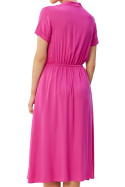 Sukienka midi z wiskozy rozkloszowana krótki rękaw stójka pasek liliowa S366