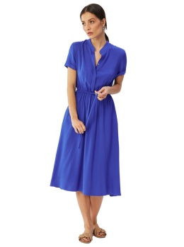 Sukienka midi z wiskozy rozkloszowana krótki rękaw stójka pasek niebieska S366