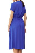Sukienka midi z wiskozy rozkloszowana krótki rękaw stójka pasek niebieska S366
