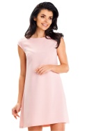 Sukienka elegancka trapezowa mini luźna krótki rękaw gładka L pudrowy róż A647