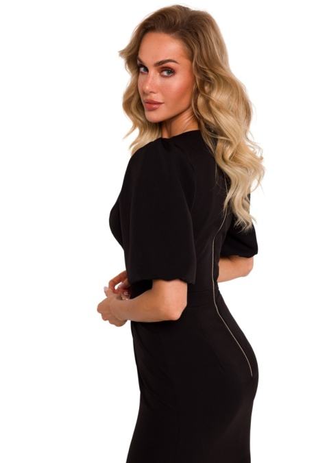 Sukienka midi taliowana gorsetowa głęboki dekolt V krótki rękaw XL czarna me779