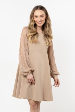 Sukienka trapezowa mini elegancka zwiewna długi rękaw M beżowa A712