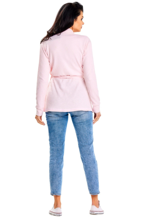 Sweter damski luźny bez zapięcia pasek kołnierz szalowy różowy A655 Sweter damski luźny bez zapięcia pasek kołnierz szalowy różowy A655
