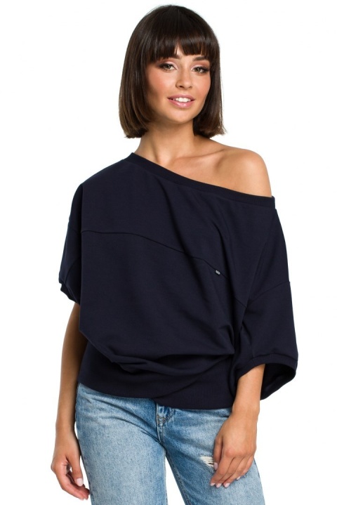 Bluza damska luźna oversize krótki kimonowy rękaw XXL/XXL granatowa B079