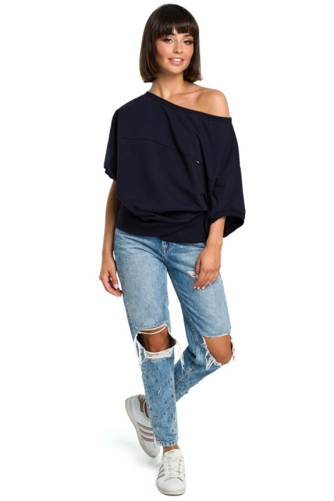 Bluza damska luźna oversize krótki kimonowy rękaw XXL/XXL granatowa B079