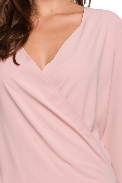 Bluzka damska kopertowa z długim rękawem dekolt V S pudrowa K037