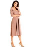 Elegancka sukienka midi rozkloszowana dopasowana głęboki dekolt M cappuccino A598